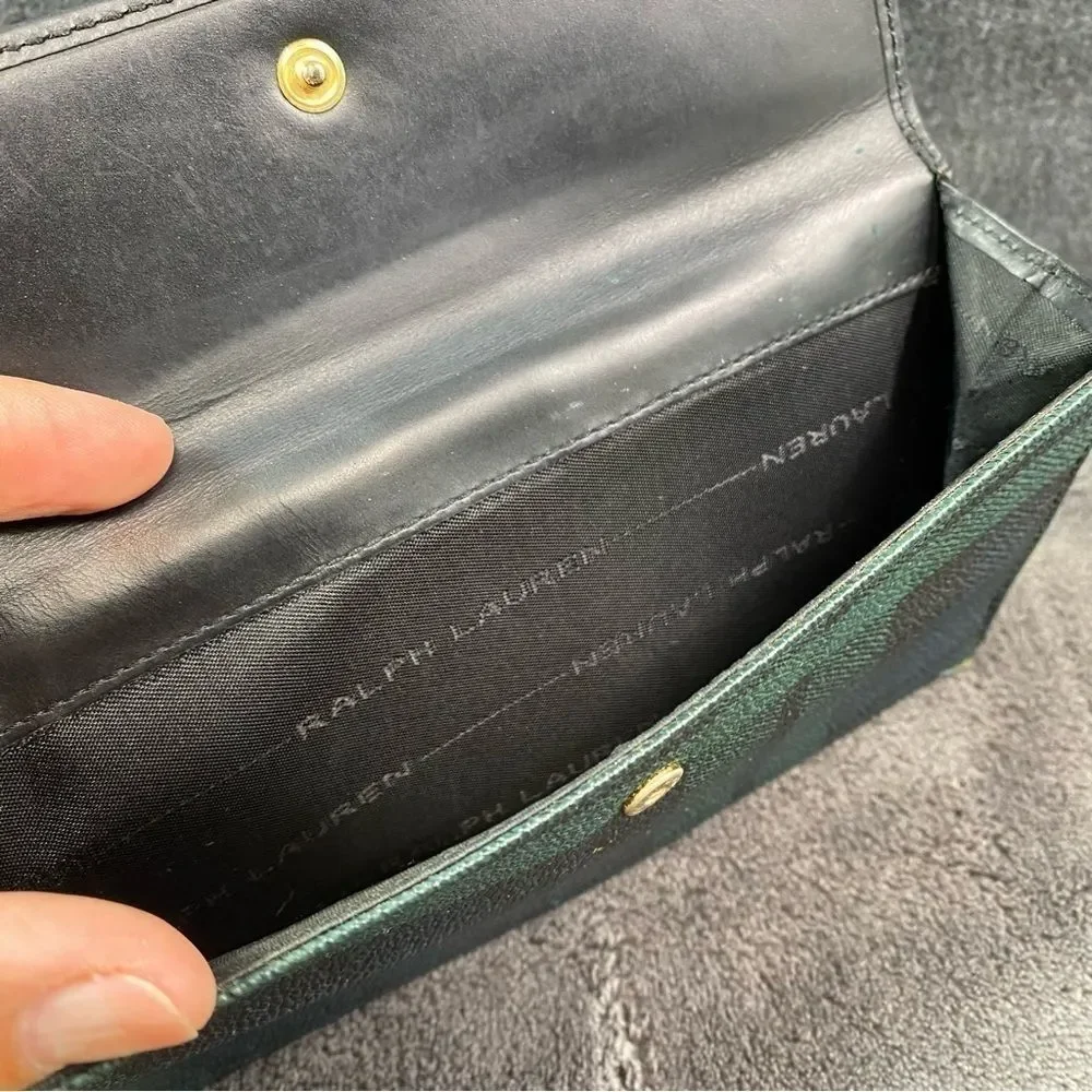 Ralph Lauren Bifold Wallet checkbook ID Card Credit Card Logo Navy Green Leather